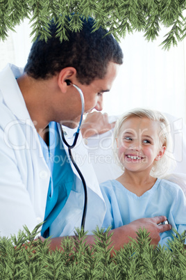 Attractive doctor checking the pulse on a young patient