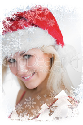 Composite image of pretty woman wearing stanta hat