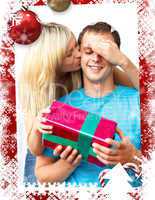 Composite image of young woman giving a present to her husband