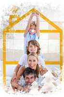 Composite image of family having fun with yellow drawing house