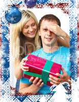 Composite image of woman giving a present to her boyfriend