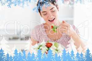 Composite image of smiling woman eating salad