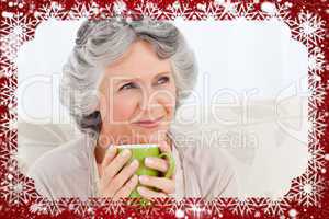 Composite image of senior drinking a cup of tea