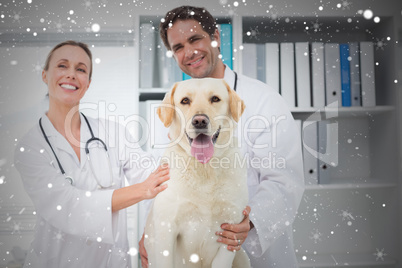 Composite image of happy veterinarians with dog