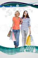 Composite image of two cheerful friends with shopping bags