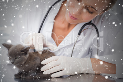 Composite image of female vet injecting a kitten