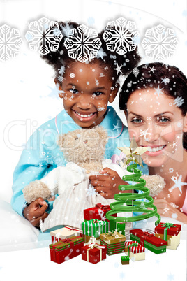 Composite image of smiling little girl with her nurse looking at