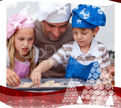 Portrait of father and children baking