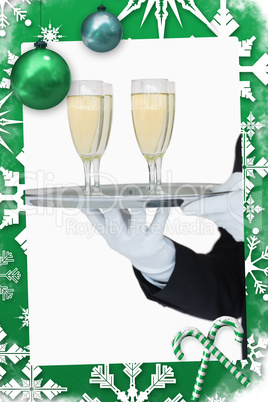 Composite image of waiter holding tray of champagne flutes