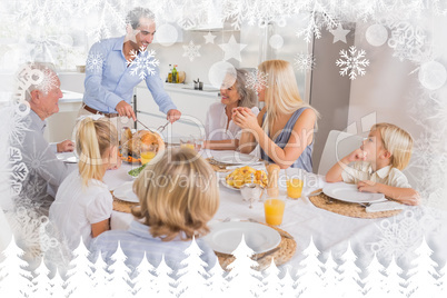 Composite image of smiling father proposing a slice of turkey