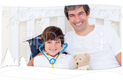 Cheerful father and his sick son playing with a stethoscope