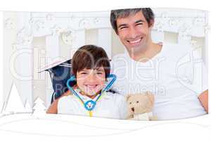 Cheerful father and his sick son playing with a stethoscope