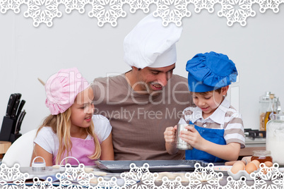 Father and children baking in the kitchen