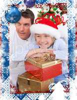 Composite image of smiling father and his son holding christmas