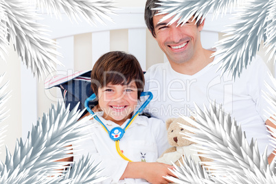 Cheerful father and his sick son playing with a stethoscope