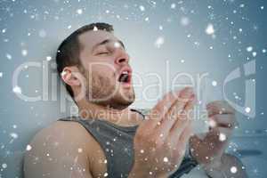 Composite image of sick man sneezing