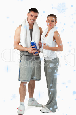 Composite image of portrait of a couple going to practice sport