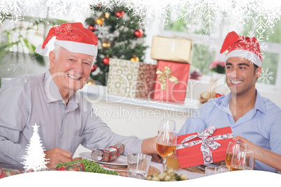 Composite image of family swapping christmas presents
