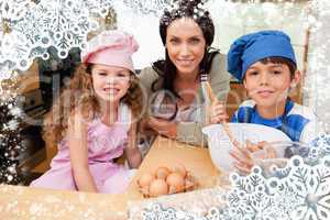 Composite image of mother and her children preparing cookies