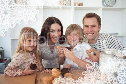 Composite image of cute children eating muffins with their paren