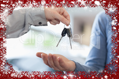 Composite image of man giving keys to someone