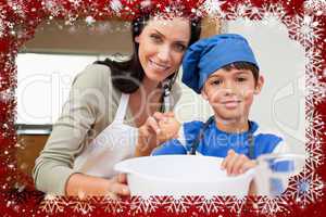 Composite image of mother and son baking cake