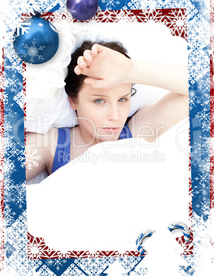 Composite image of tired woman relaxing in her bed