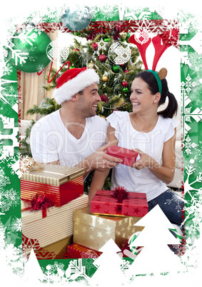 Happy couple giving presents for christmas