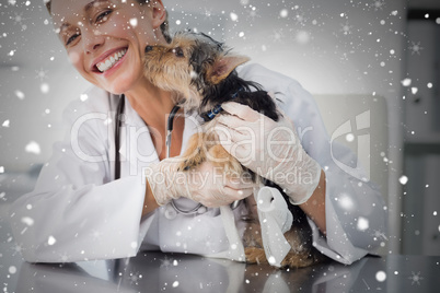 Composite image of puppy kissing female vet