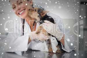 Composite image of puppy kissing female vet