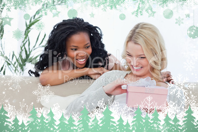 Smiling woman is holding a pink box and her friend is behind her