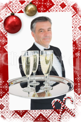 Composite image of waiter holding out tray with champagne