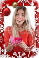 Composite image of surprised blonde woman opening gift