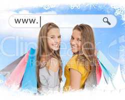 Smiling girls with their shopping bags under address bar