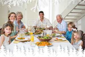 Composite image of family having meal together at dining table