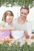 Composite image of smiling mother and daughter preparing dough f