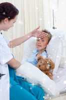 Composite image of female doctor checking child temperature