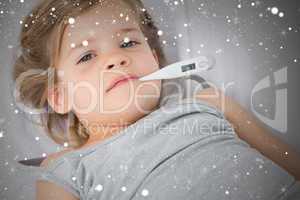 Composite image of sick girl with thermometer in mouth