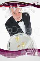 Composite image of waiter with silver tray of champagne
