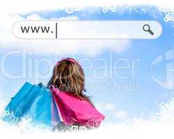 Girl holding shopping bags with address bar above