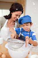 Mother and son baking together