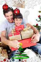Composite image of happy father and son holding christmas presen