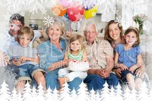 Composite image of multigeneration family celebrating girls birt