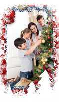 Happy family decorating a christmas tree with boubles