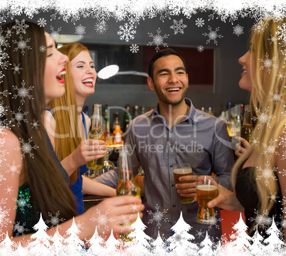 Composite image of laughing friends chatting