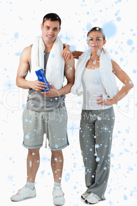 Composite image of portrait of a young couple going to practice