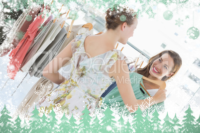 Composite image of young women shopping in clothes store