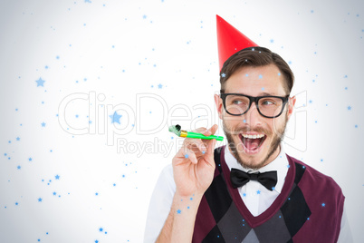 Geeky hipster in party hat with horn