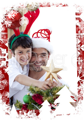 Father and son decorating christmas tree