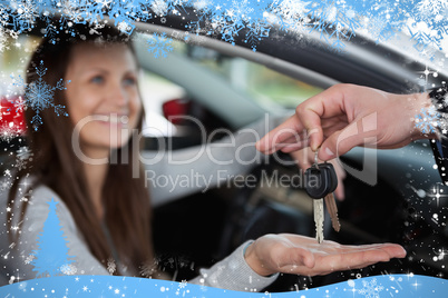 Composite image of happy woman receiving car keys
